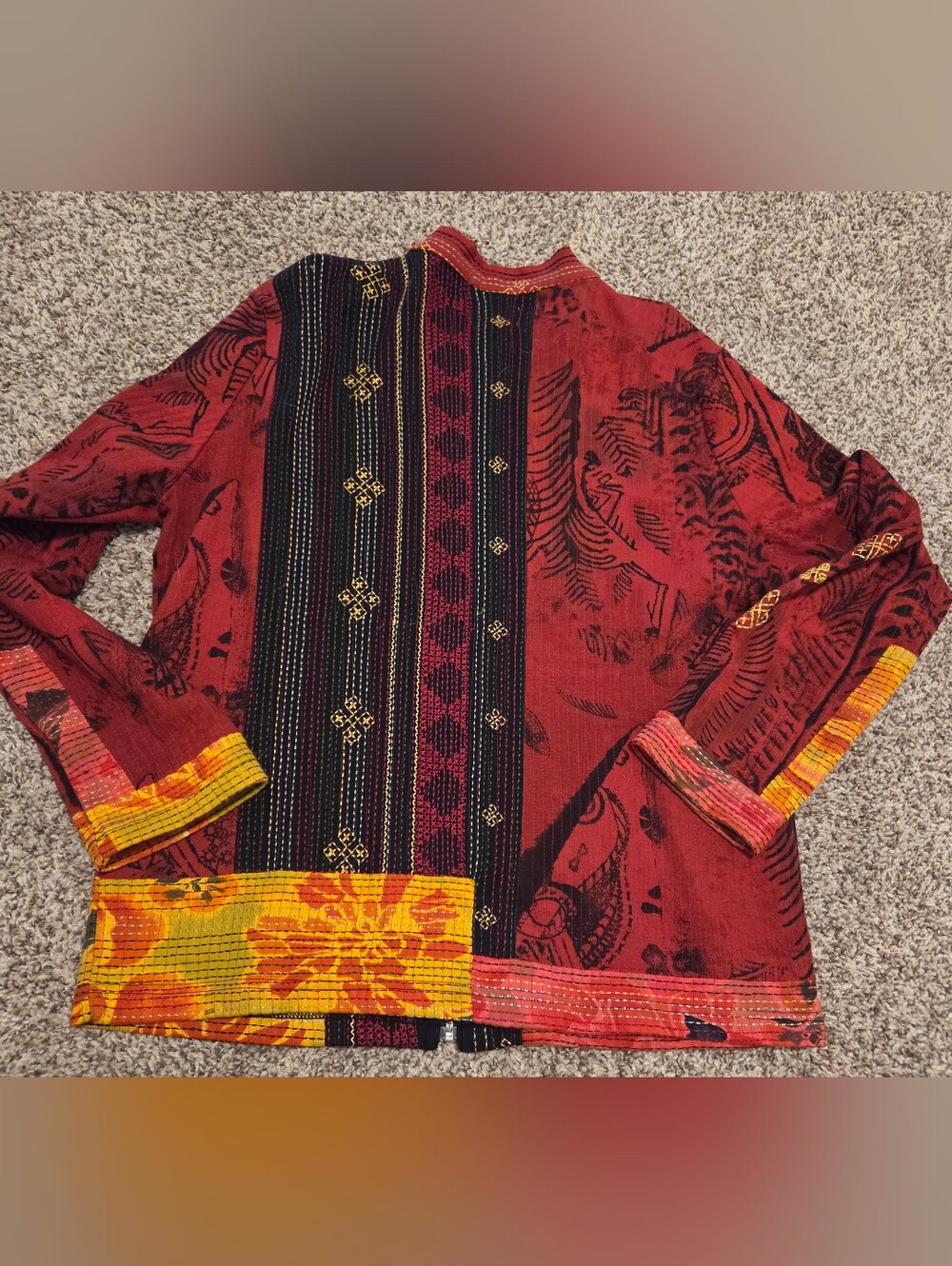 Chico's Red Patchwork Zipper Front Jacket with Gold Accents - Picture 3 of 6